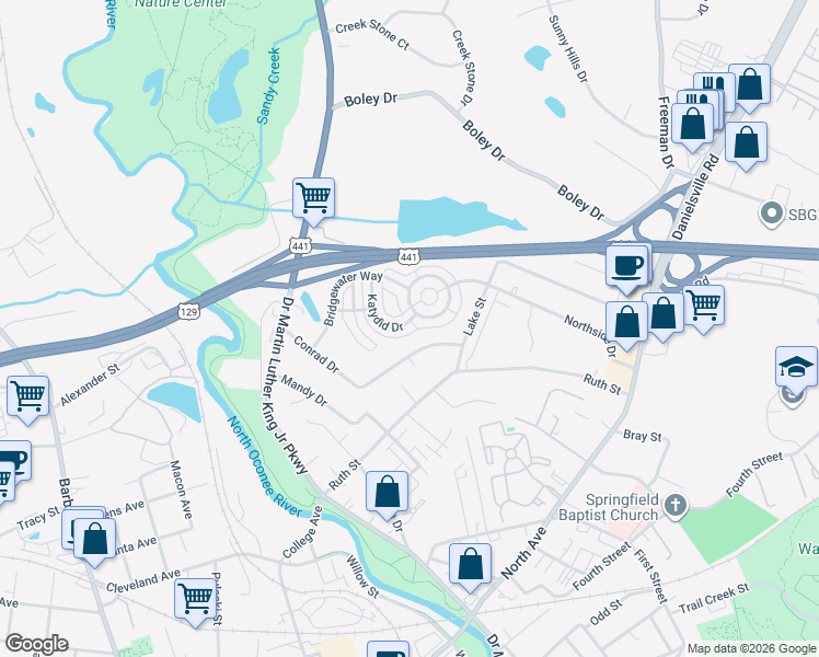map of restaurants, bars, coffee shops, grocery stores, and more near 278 Katydid Drive in Athens