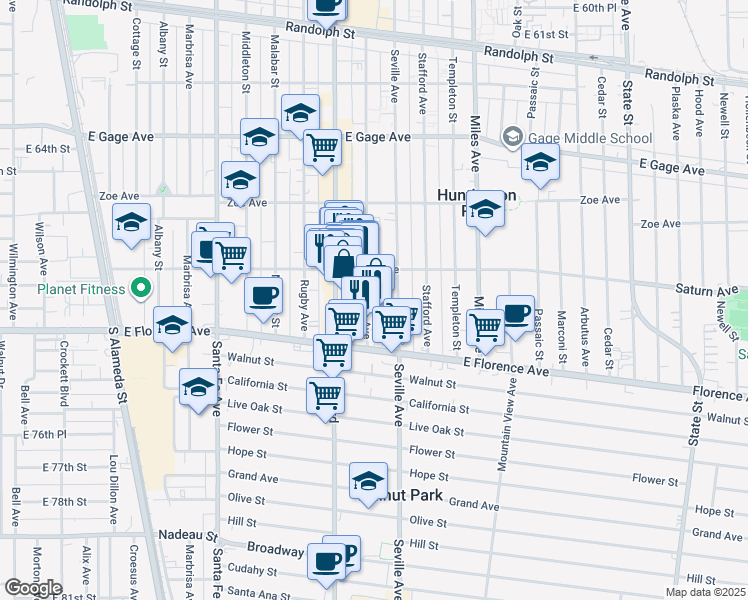 map of restaurants, bars, coffee shops, grocery stores, and more near 7018 Rita Avenue in Huntington Park