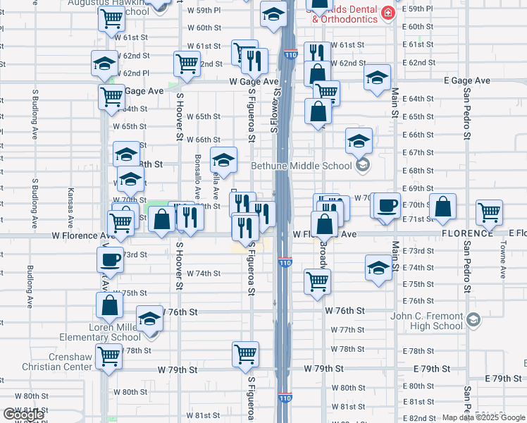 map of restaurants, bars, coffee shops, grocery stores, and more near 443 West 71st Street in Los Angeles