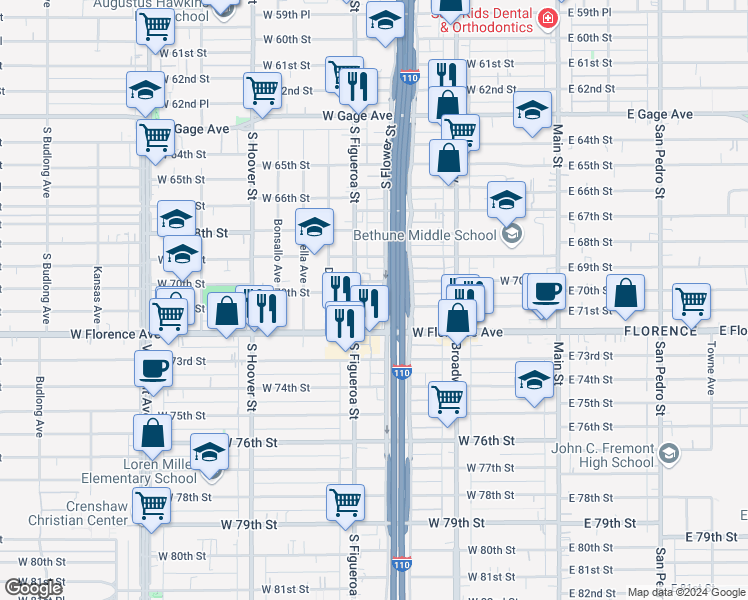 map of restaurants, bars, coffee shops, grocery stores, and more near 439 West 71st Street in Los Angeles