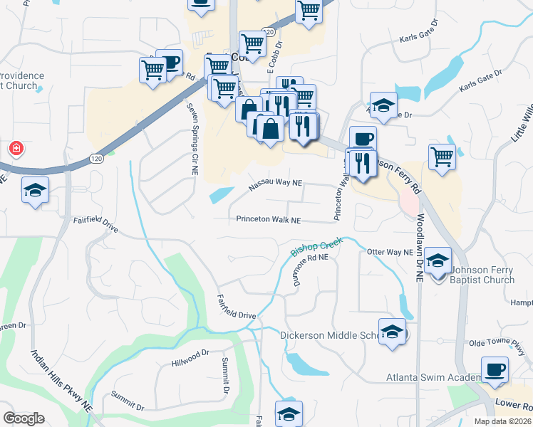 map of restaurants, bars, coffee shops, grocery stores, and more near 1057 Princeton Walk Northeast in Marietta