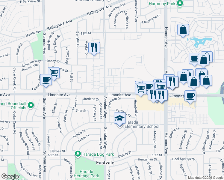 map of restaurants, bars, coffee shops, grocery stores, and more near 12937 Paradiso Drive in Eastvale