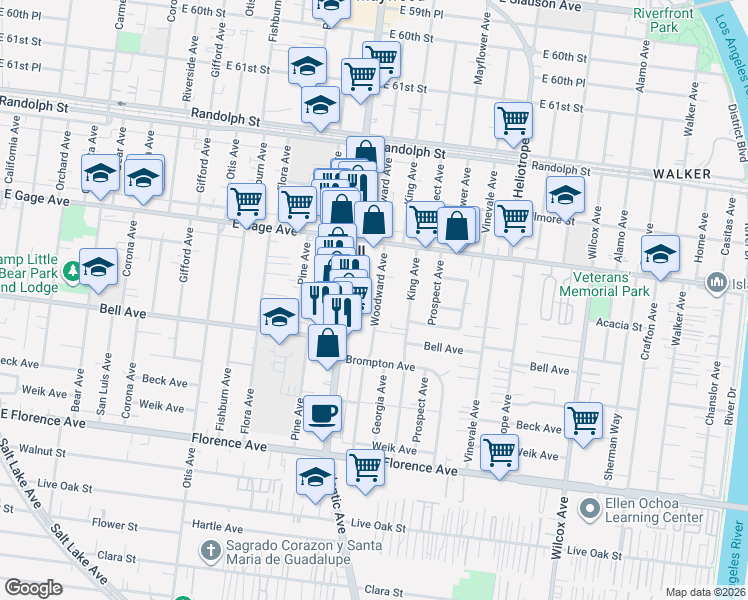 map of restaurants, bars, coffee shops, grocery stores, and more near 6517 Woodward Avenue in Bell
