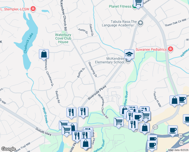 map of restaurants, bars, coffee shops, grocery stores, and more near 709 Glenspring Drive in Lawrenceville