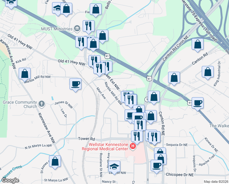 map of restaurants, bars, coffee shops, grocery stores, and more near 1395 Church Street Extension Northwest in Marietta