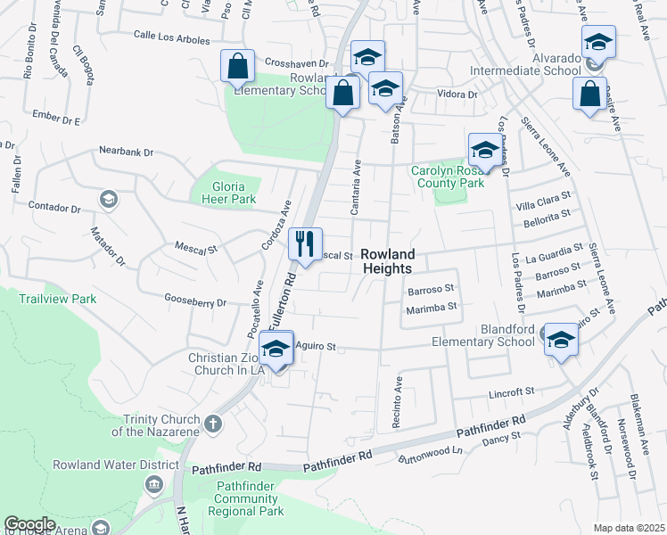 map of restaurants, bars, coffee shops, grocery stores, and more near 18255 La Guardia Street in La Puente