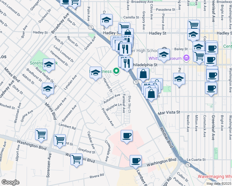 map of restaurants, bars, coffee shops, grocery stores, and more near 12266 Starling Lane in Whittier