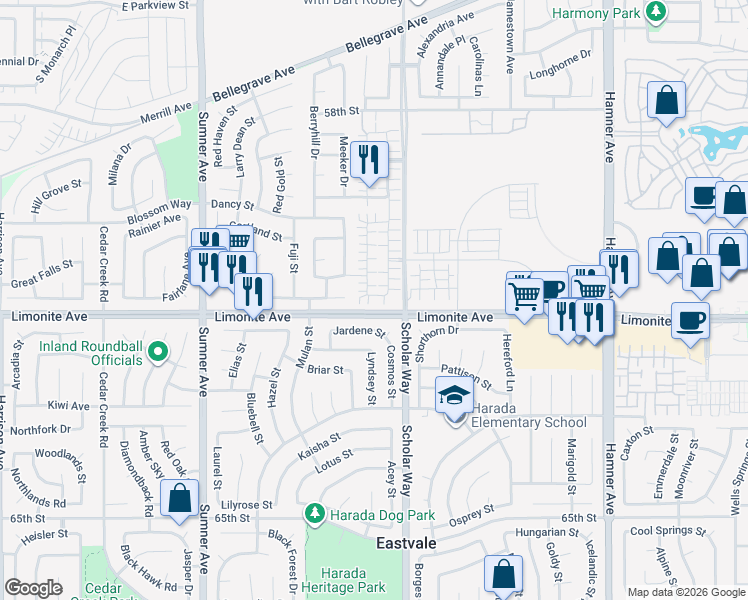 map of restaurants, bars, coffee shops, grocery stores, and more near 13055 Goldenrod Drive in Eastvale