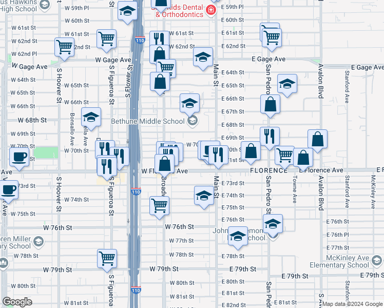 map of restaurants, bars, coffee shops, grocery stores, and more near 157 West 71st Street in Los Angeles