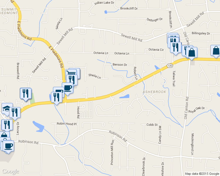 map of restaurants, bars, coffee shops, grocery stores, and more near 2671 Roswell Road in Marietta