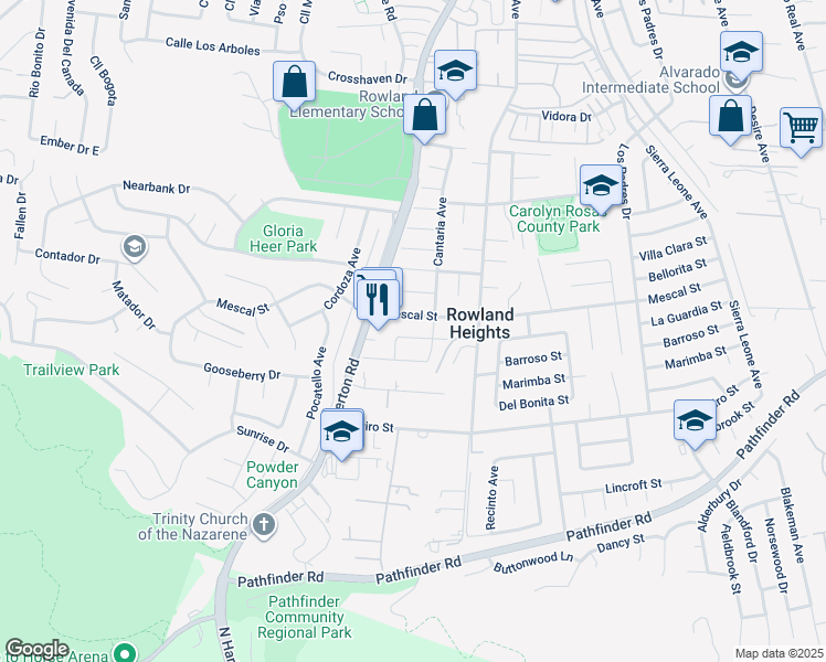 map of restaurants, bars, coffee shops, grocery stores, and more near 18255 La Guardia Street in La Puente