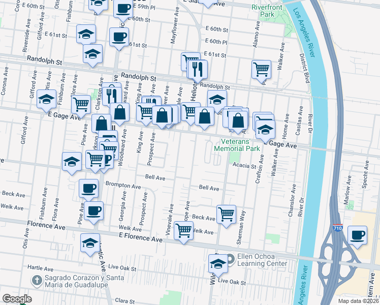 map of restaurants, bars, coffee shops, grocery stores, and more near 6424 Vinevale Avenue in Bell