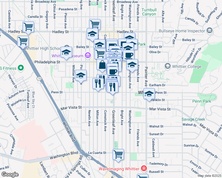 map of restaurants, bars, coffee shops, grocery stores, and more near 7205 Greenleaf Avenue in Whittier
