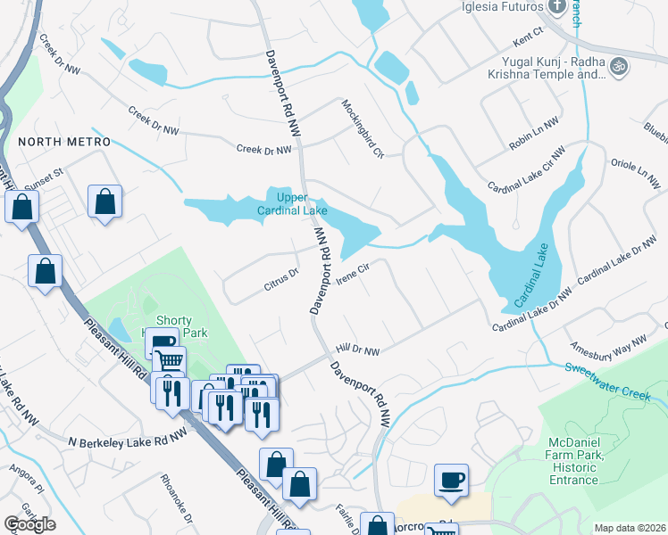 map of restaurants, bars, coffee shops, grocery stores, and more near 2722 Davenport Road Northwest in Duluth