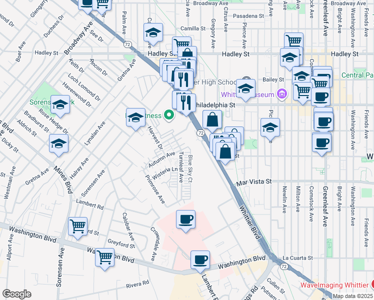 map of restaurants, bars, coffee shops, grocery stores, and more near 12142 Blue Sky Court in Whittier