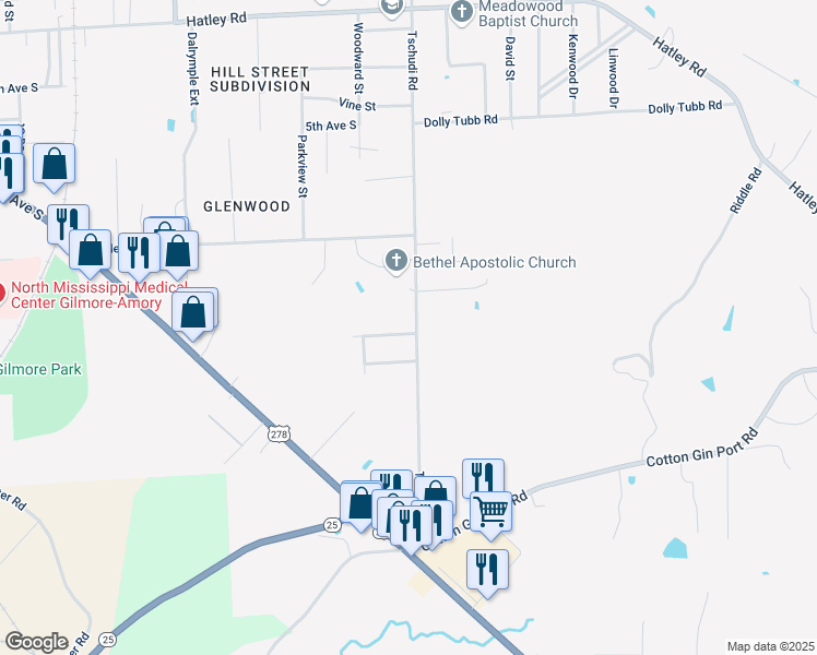 map of restaurants, bars, coffee shops, grocery stores, and more near 910 Tschudi Road in Amory