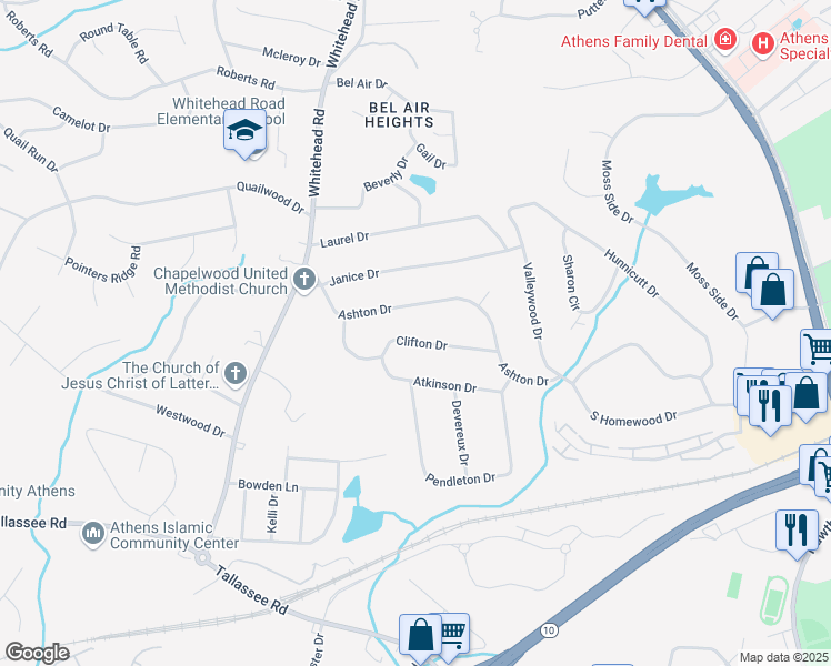 map of restaurants, bars, coffee shops, grocery stores, and more near 140 Clifton Drive in Athens