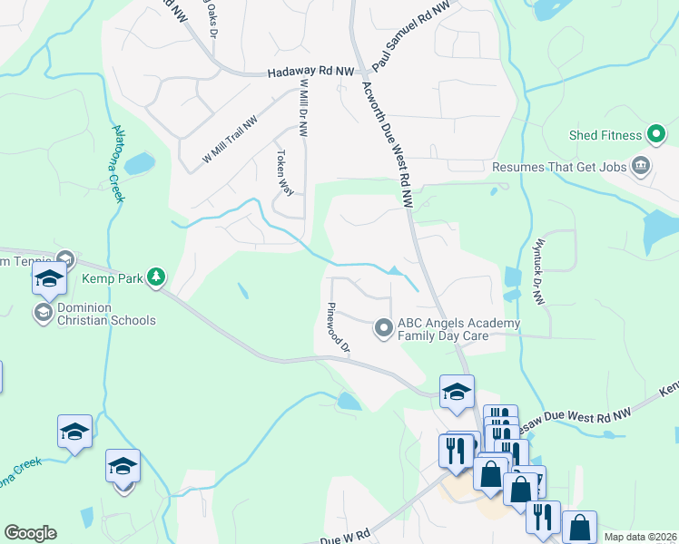 map of restaurants, bars, coffee shops, grocery stores, and more near 4160 Valley Wood Drive Northwest in Marietta