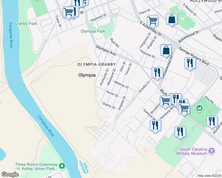 map of restaurants, bars, coffee shops, grocery stores, and more near 1217 Whitney Street in Columbia