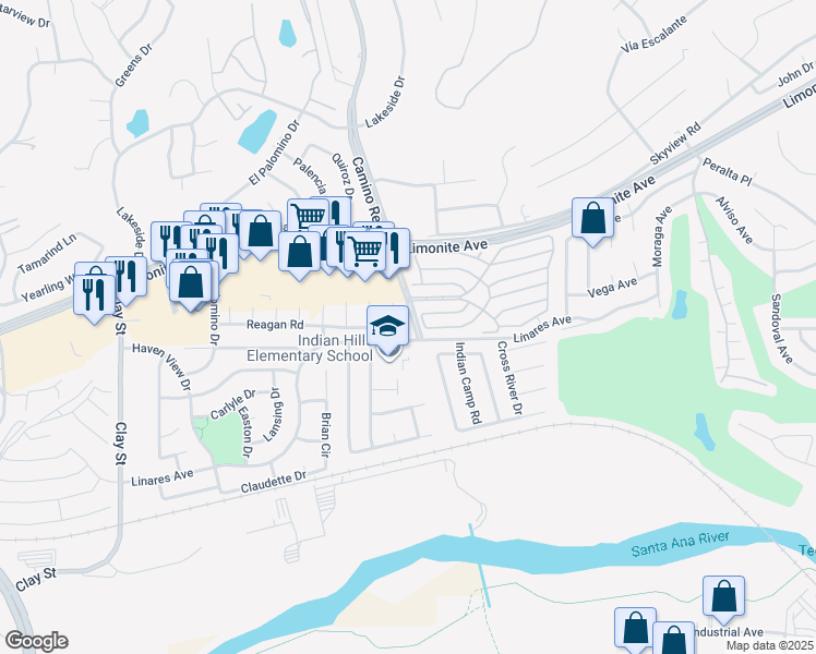 map of restaurants, bars, coffee shops, grocery stores, and more near 6161 Lakaren Lane in Riverside