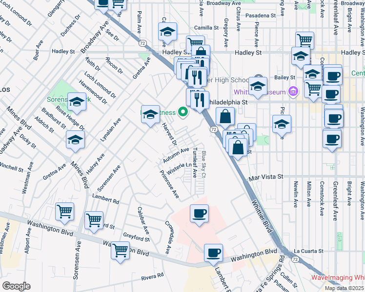 map of restaurants, bars, coffee shops, grocery stores, and more near 12108 Walnut Grove Drive in Whittier