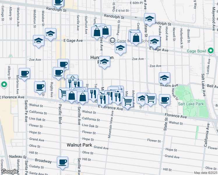 map of restaurants, bars, coffee shops, grocery stores, and more near 6913 Mountain View Avenue in Huntington Park