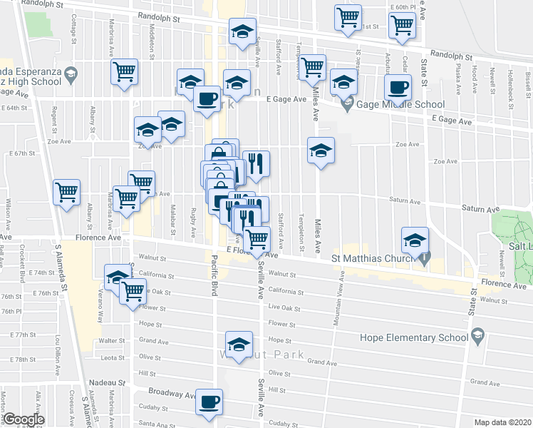 map of restaurants, bars, coffee shops, grocery stores, and more near 6913 Seville Avenue in Huntington Park