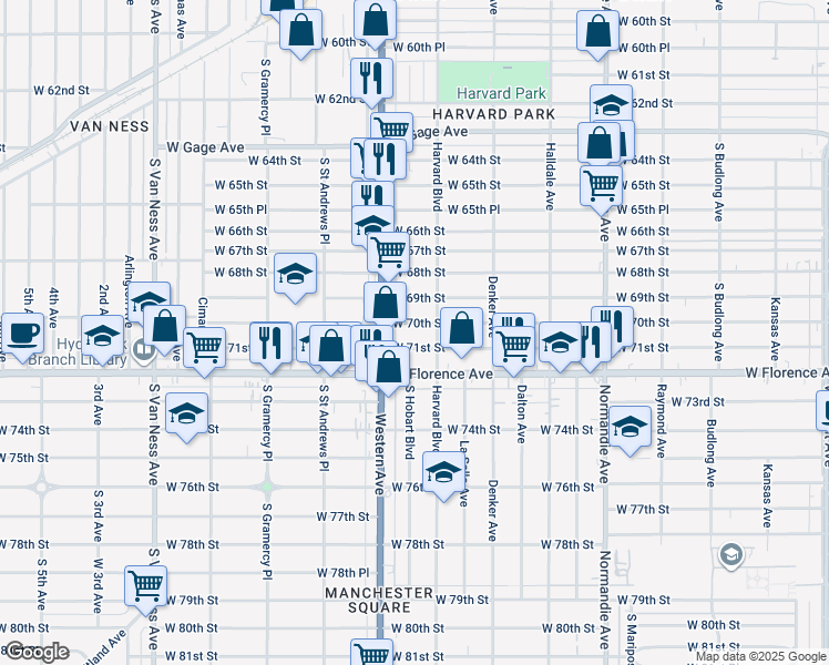 map of restaurants, bars, coffee shops, grocery stores, and more near 1735 West 70th Street in Los Angeles