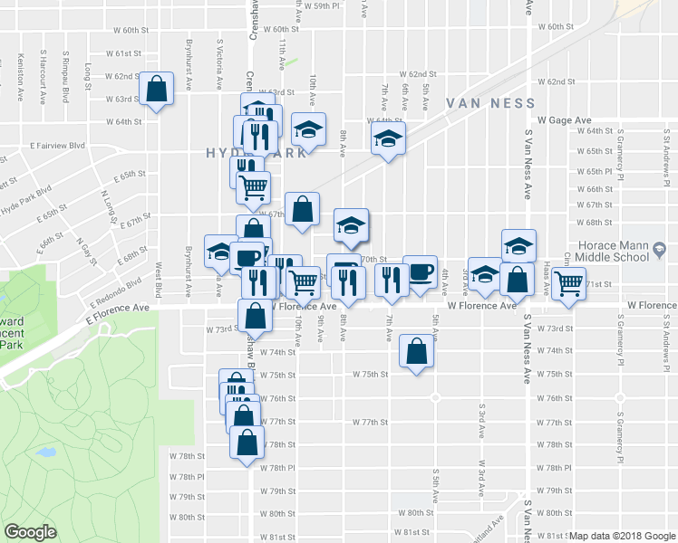 map of restaurants, bars, coffee shops, grocery stores, and more near 2941 West 70th Street in Los Angeles