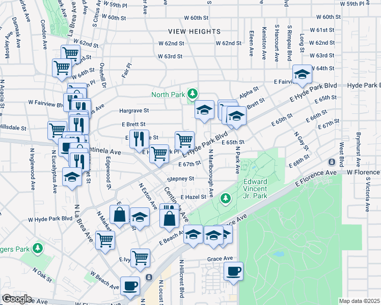 map of restaurants, bars, coffee shops, grocery stores, and more near in Inglewood