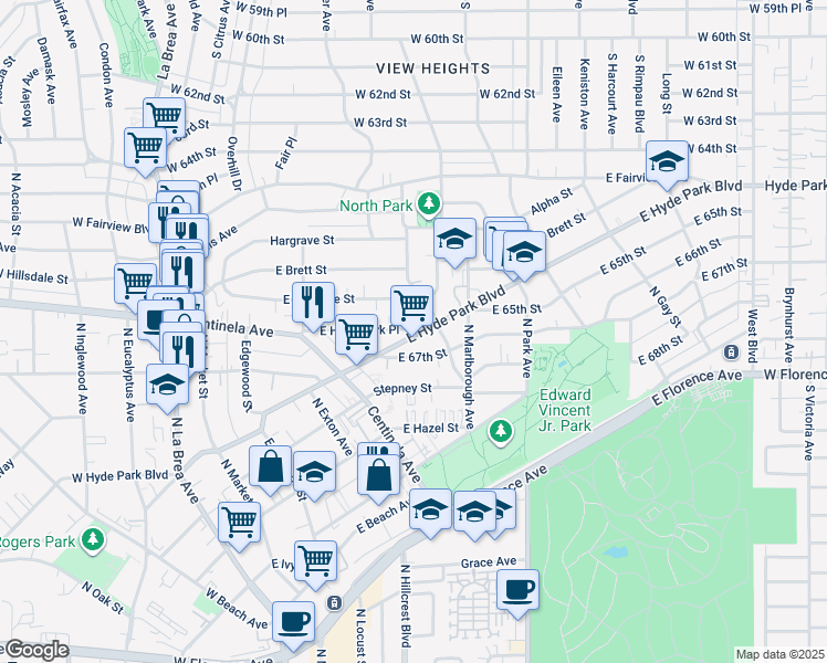 map of restaurants, bars, coffee shops, grocery stores, and more near in Inglewood