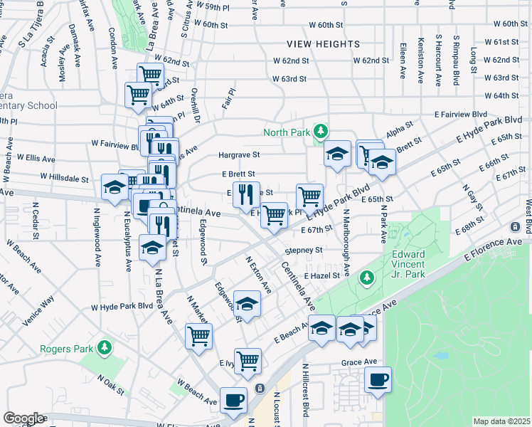 map of restaurants, bars, coffee shops, grocery stores, and more near 530 East Hillsdale Street in Inglewood