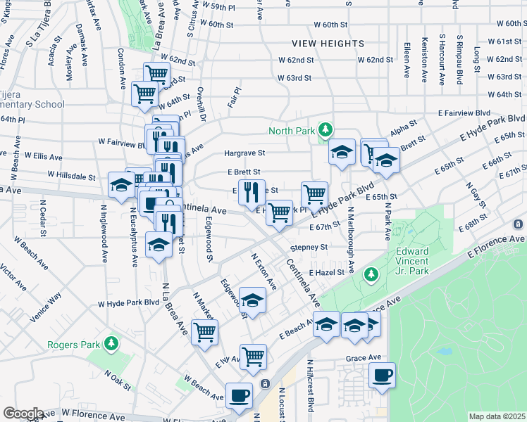 map of restaurants, bars, coffee shops, grocery stores, and more near 530 East Hillsdale Street in Inglewood
