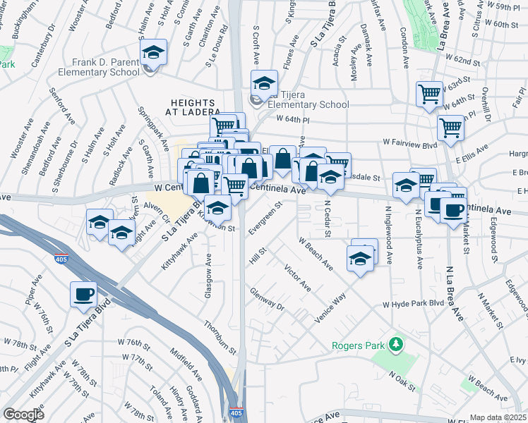 map of restaurants, bars, coffee shops, grocery stores, and more near 533 Evergreen Street in Inglewood