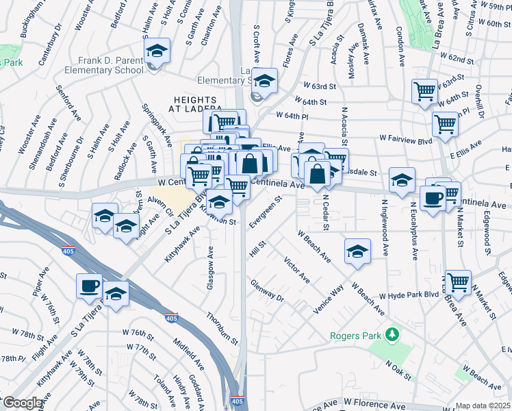 map of restaurants, bars, coffee shops, grocery stores, and more near 525 Short Street in Inglewood