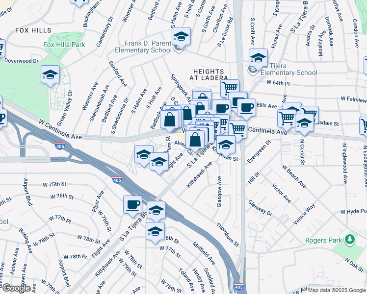 map of restaurants, bars, coffee shops, grocery stores, and more near 6925 La Tijera Boulevard in Los Angeles