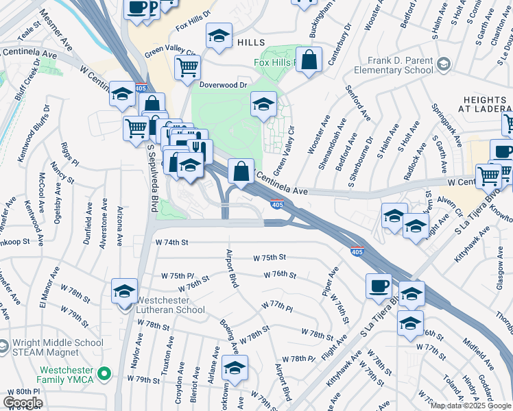 map of restaurants, bars, coffee shops, grocery stores, and more near 5921 Center Drive in Los Angeles
