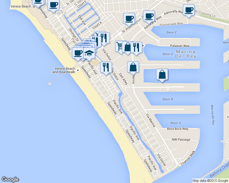 map of restaurants, bars, coffee shops, grocery stores, and more near 3811 Via Dolce in Marina del Rey