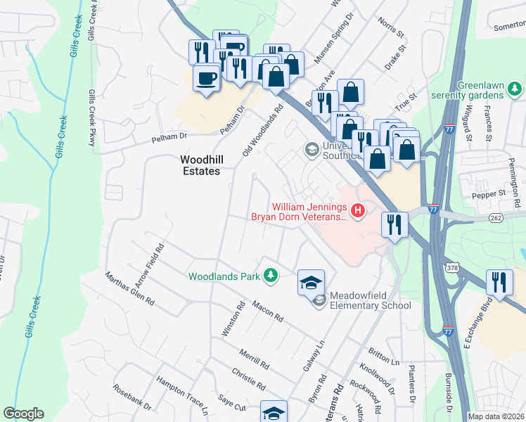 map of restaurants, bars, coffee shops, grocery stores, and more near 315 Black Friars Road in Columbia
