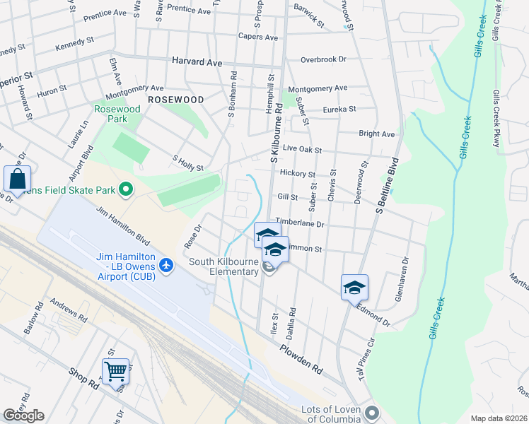 map of restaurants, bars, coffee shops, grocery stores, and more near 1100 South Kilbourne Road in Columbia