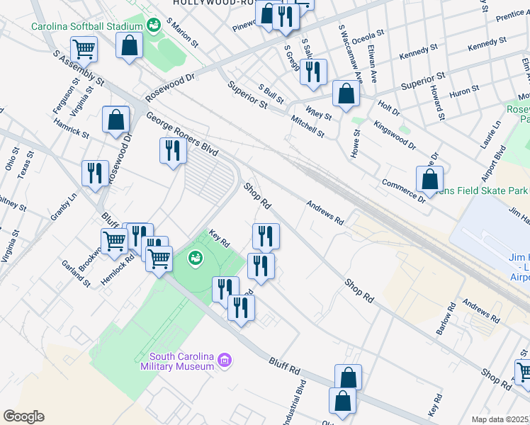 map of restaurants, bars, coffee shops, grocery stores, and more near 1054 Shop Road in Columbia