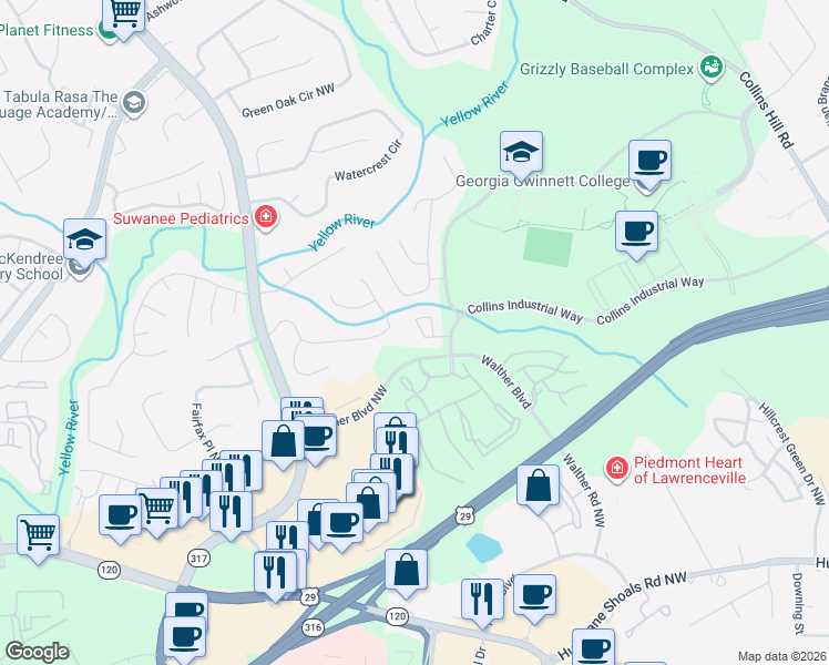 map of restaurants, bars, coffee shops, grocery stores, and more near 944 Tree Creek Boulevard in Lawrenceville