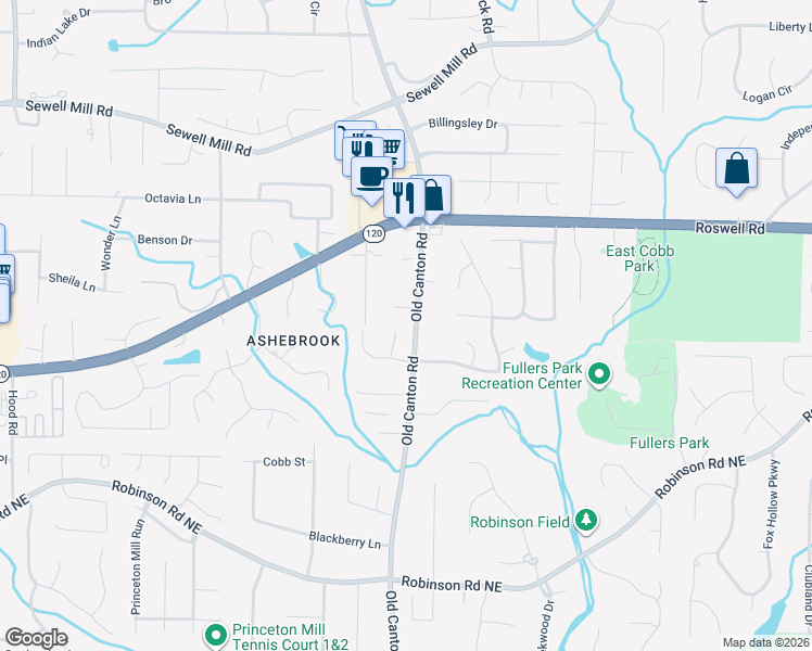 map of restaurants, bars, coffee shops, grocery stores, and more near 3070 Brown Point Place Northeast in Marietta