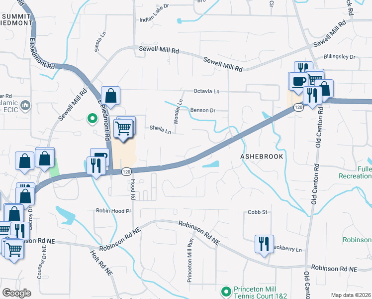 map of restaurants, bars, coffee shops, grocery stores, and more near 2671 Roswell Road in Marietta