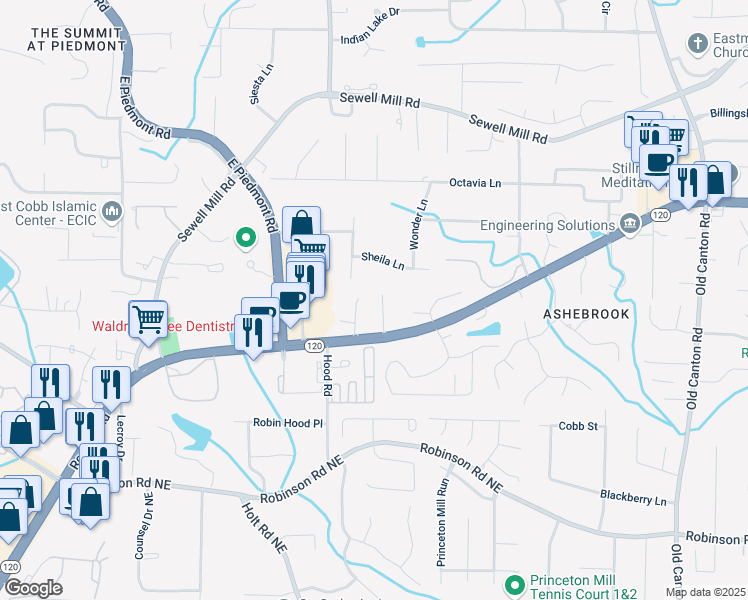 map of restaurants, bars, coffee shops, grocery stores, and more near 1050 Sterling Ridge Chase Northeast in Marietta