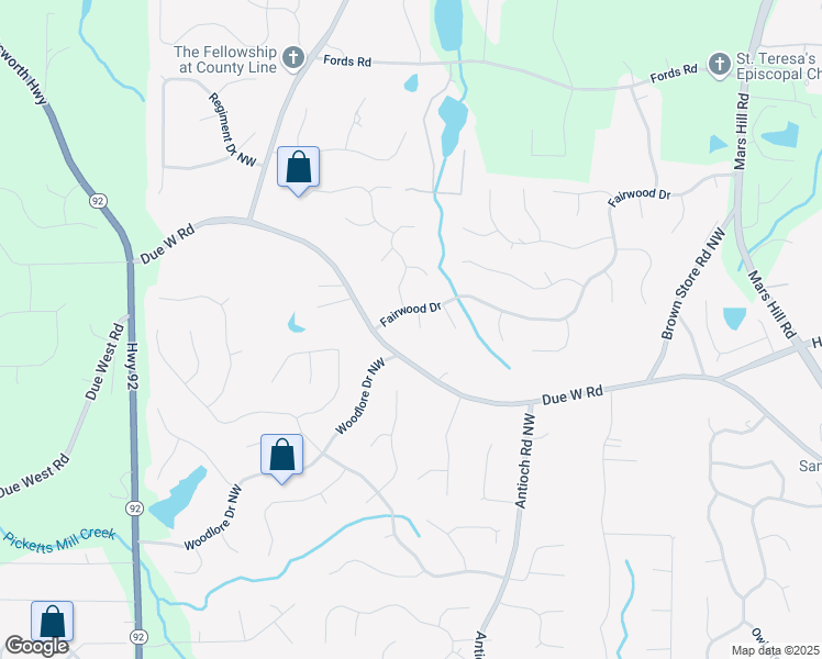 map of restaurants, bars, coffee shops, grocery stores, and more near 863 Fairlong Way NorthWest in Acworth