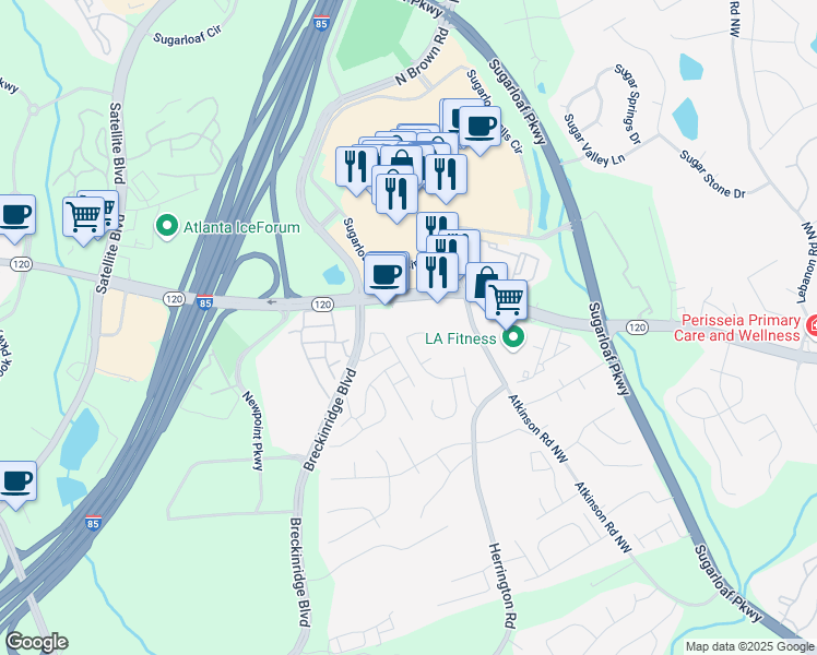 map of restaurants, bars, coffee shops, grocery stores, and more near 1934 Duluth Highway in Lawrenceville