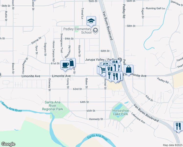 map of restaurants, bars, coffee shops, grocery stores, and more near 9061 Limonite Avenue in Riverside