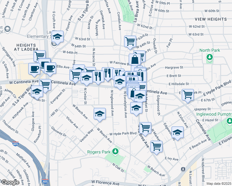 map of restaurants, bars, coffee shops, grocery stores, and more near 936 North Inglewood Avenue in Inglewood