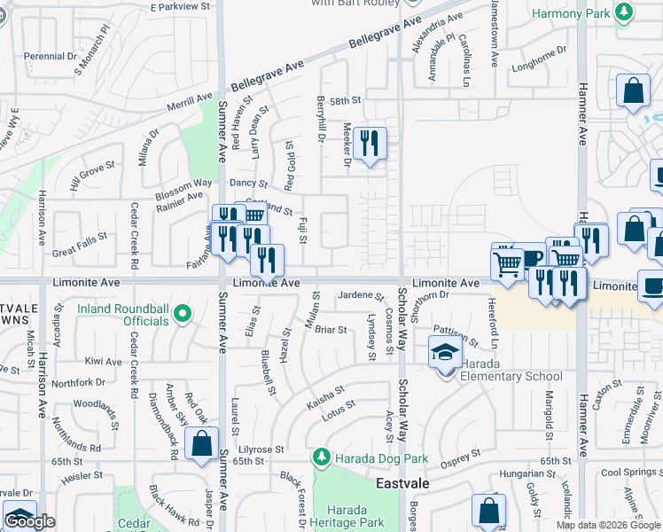 map of restaurants, bars, coffee shops, grocery stores, and more near 13151 Early Crimson Street in Eastvale